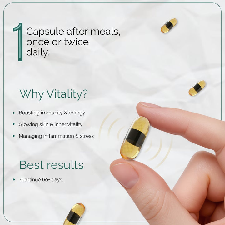 Vitality supplement capsules with a hand holding one, on a light background.