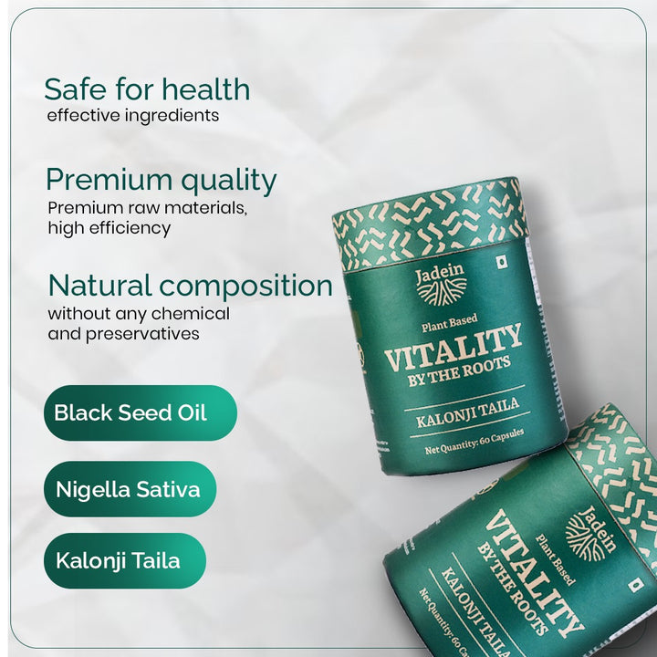 Jadein Vitality by the Roots supplement packaging with text highlighting safety and quality on a light gray background.