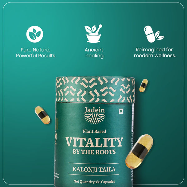 Jadein plant-based supplement container with text and icons on a teal background