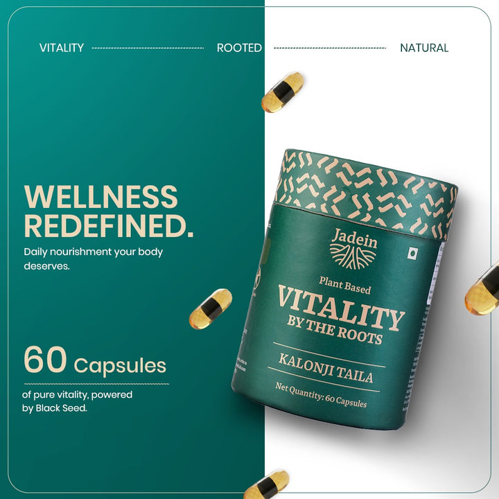 Jadein Vitality by the Roots supplement packaging with text on a green and white background